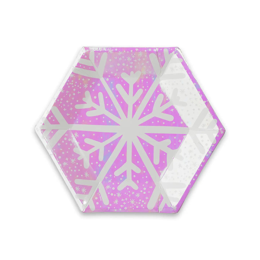 Hexagonal plate with white snowflake design on a pink and purple gradient background