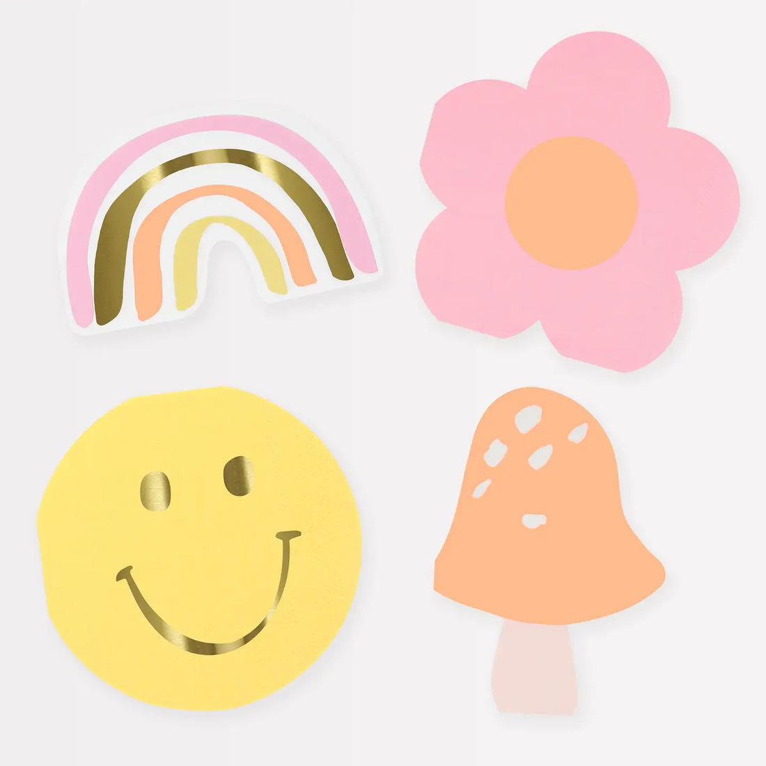 Set of colorful napkins including a rainbow, flower, smiley face, and mushroom on a white background.