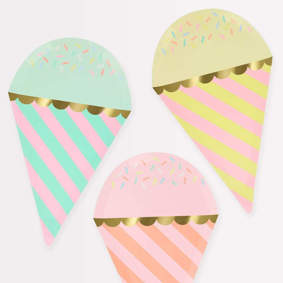 Colorful ice cream cone-shaped party plates with striped patterns and gold accents on a white background.