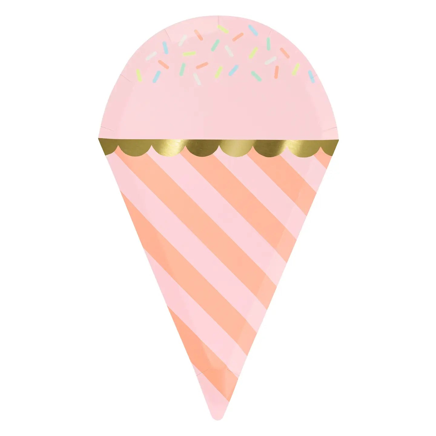 Ice cream cone-shaped object with pink top and striped body on a white background
