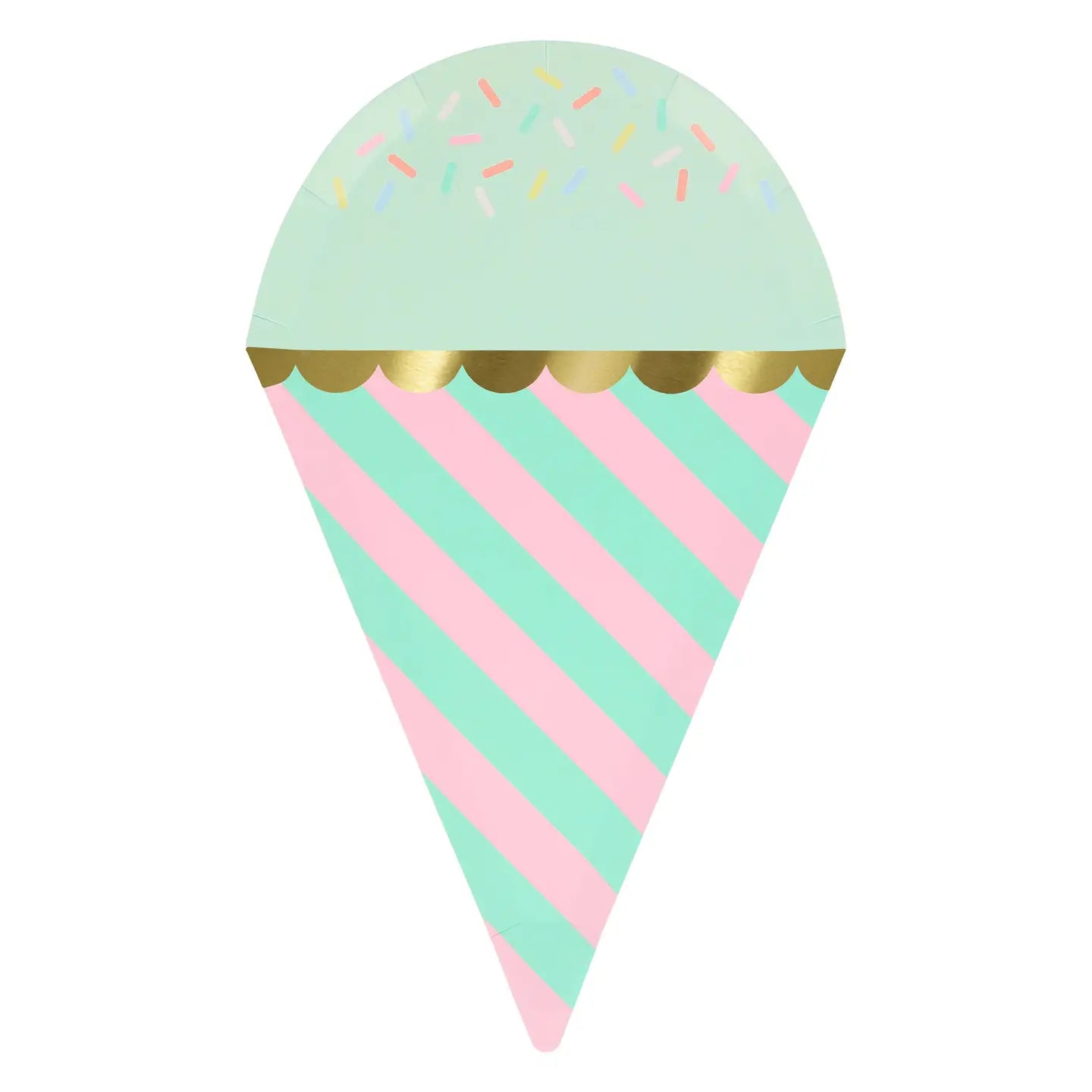 Ice cream cone-shaped object with striped pattern and sprinkles on a white background