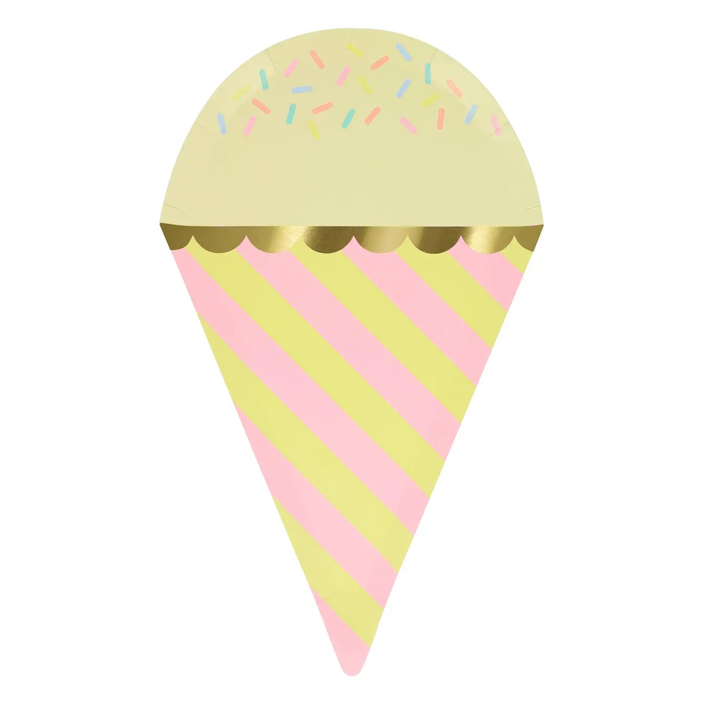 Pastel-colored ice cream cone with striped pattern and sprinkles on a white background