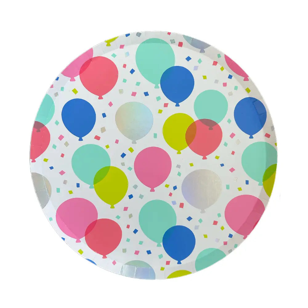 Round paper plate with colorful balloon pattern on a white background