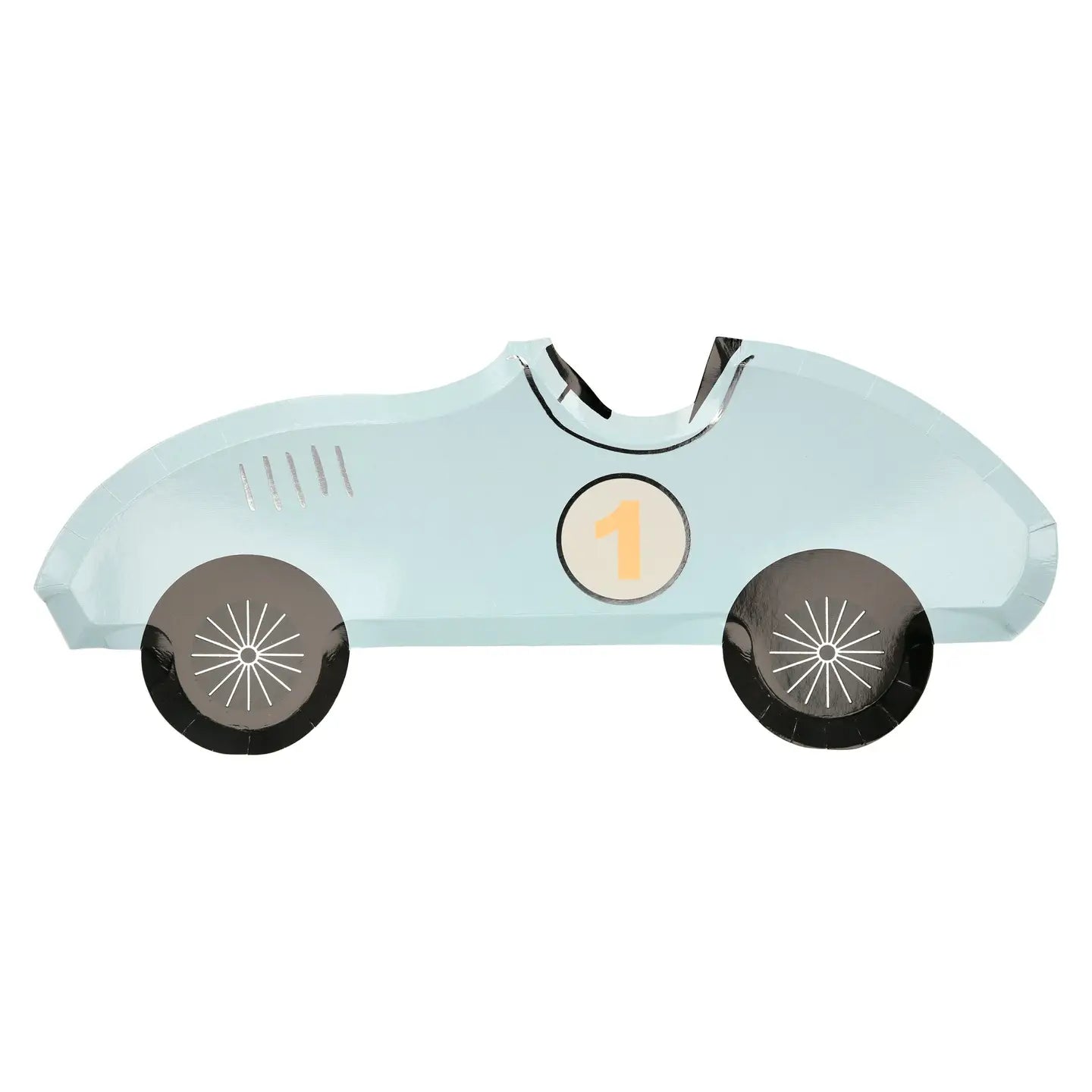 Light blue toy car plate with a yellow number 1 on a white background