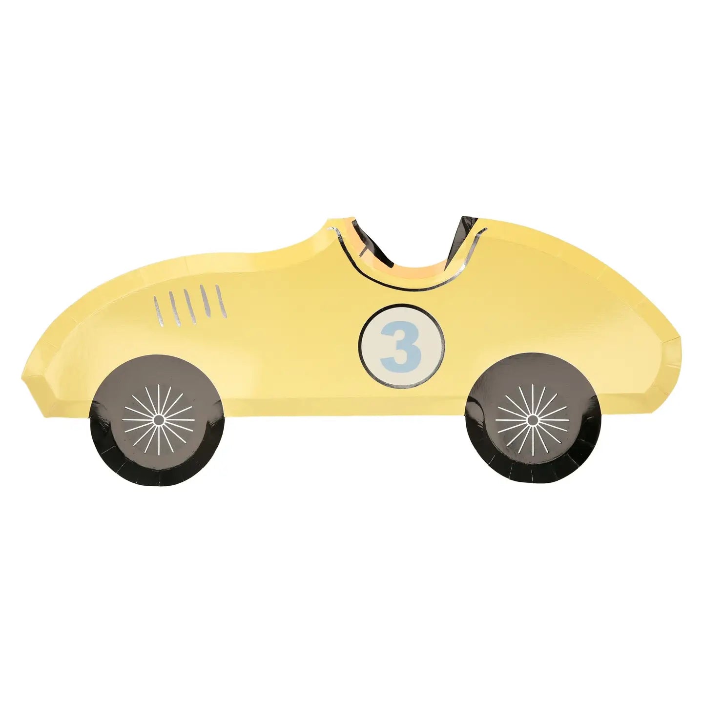 Yellow toy car plate with number 3 on a white background