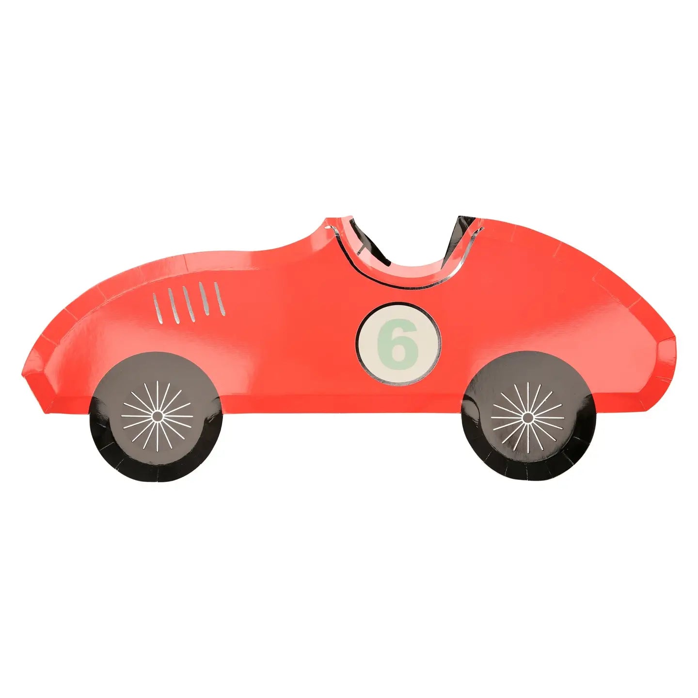 Red toy car plate with number 6 on a white background