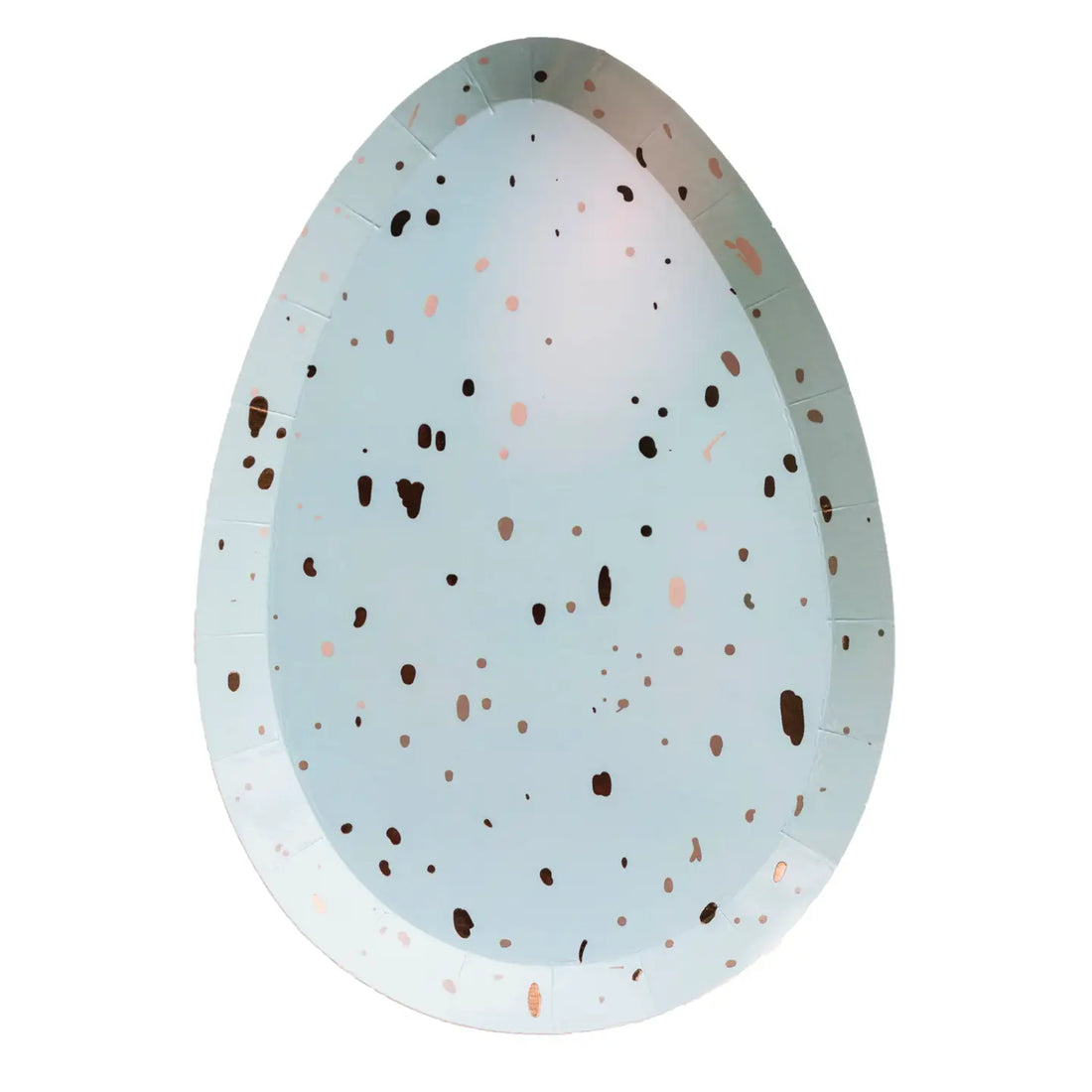 Egg-shaped paper plate with speckled pattern on a white background