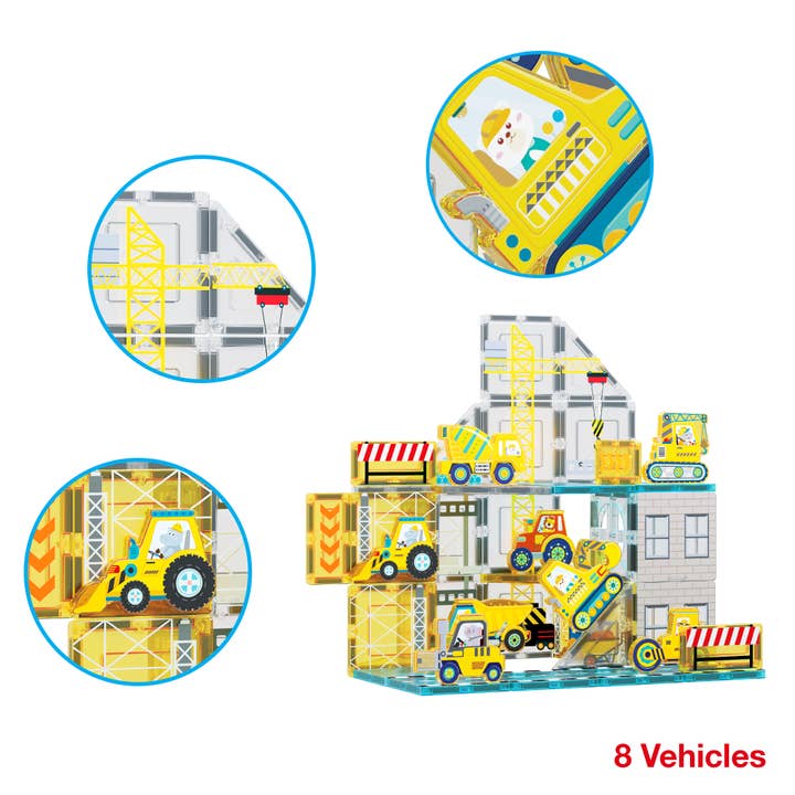 PicassoTiles Magnet Tile Building Block Set with 8 Construction Vehicles Crank Truck, Excavator, Bulldozer, Road Roller, Concrete Mixer, Tractor, Dump Truck, &amp; Forklift Magnetic Toy