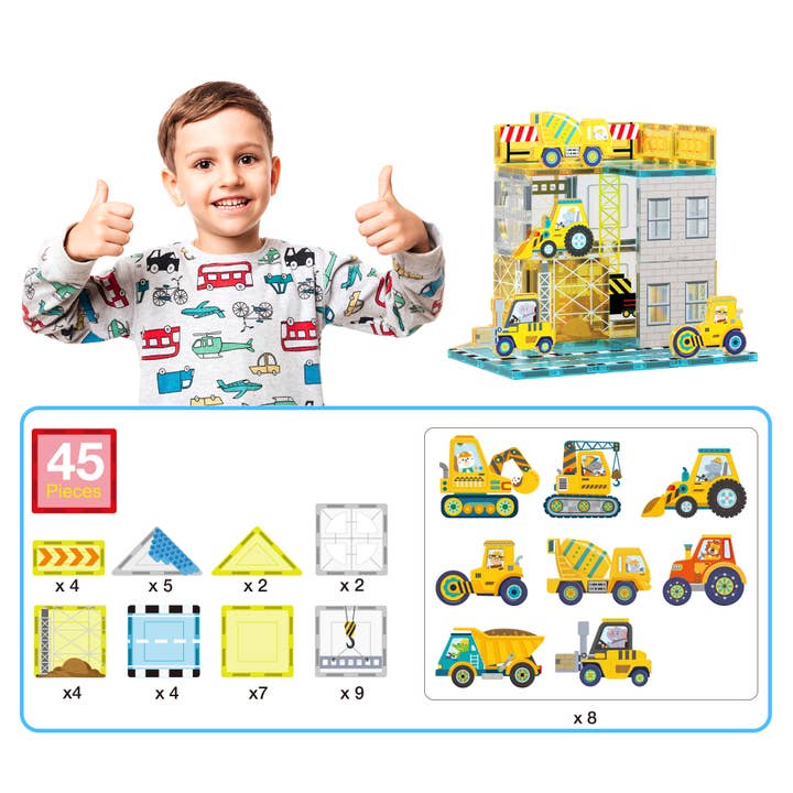 PicassoTiles Magnet Tile Building Block Set with 8 Construction Vehicles Crank Truck, Excavator, Bulldozer, Road Roller, Concrete Mixer, Tractor, Dump Truck, &amp; Forklift Magnetic Toy