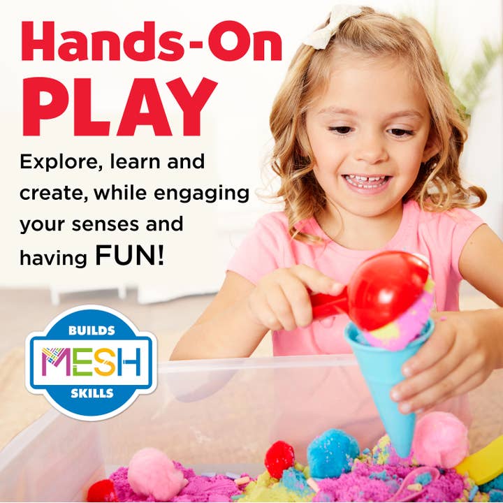 Sensory Bin Ice Cream Shop Activity Bin for Kids with sensory sand, pom poms and rainbow beads