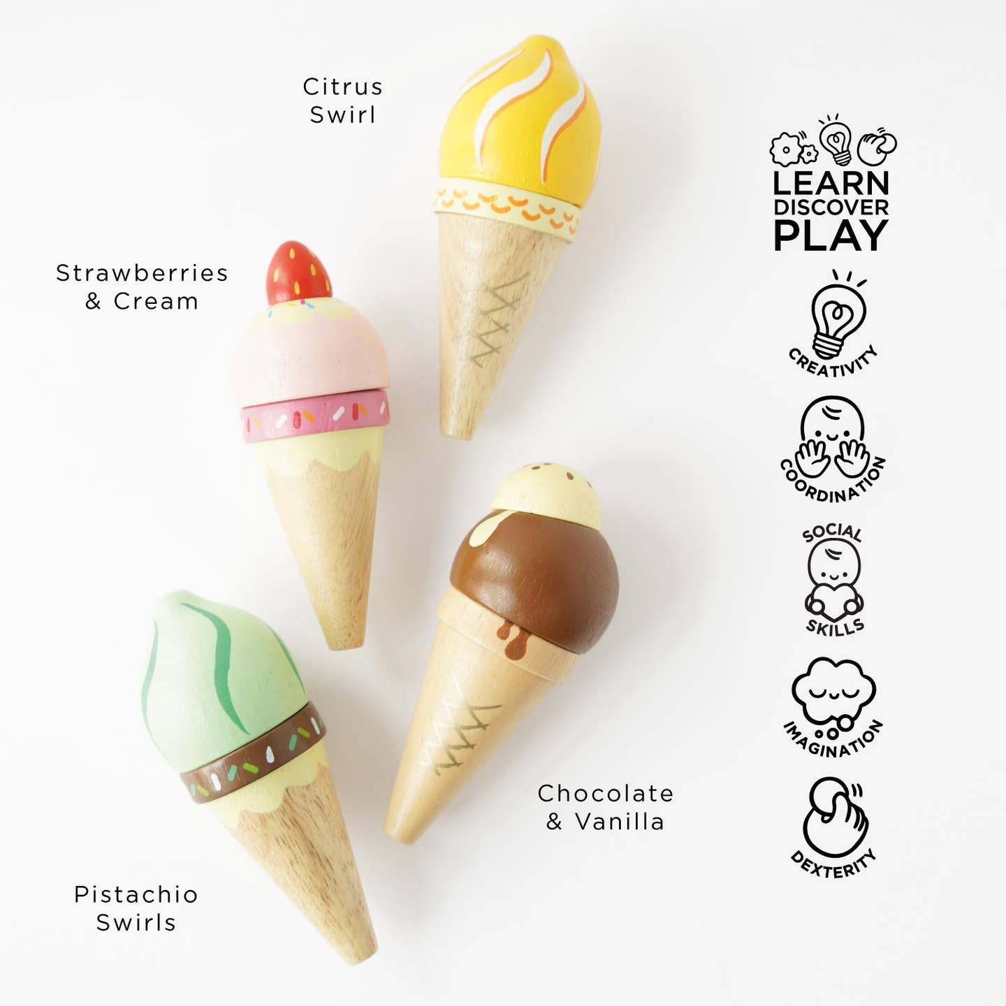 Wooden Ice Cream Cones Set painted with fresh colors and is plastic-free toy