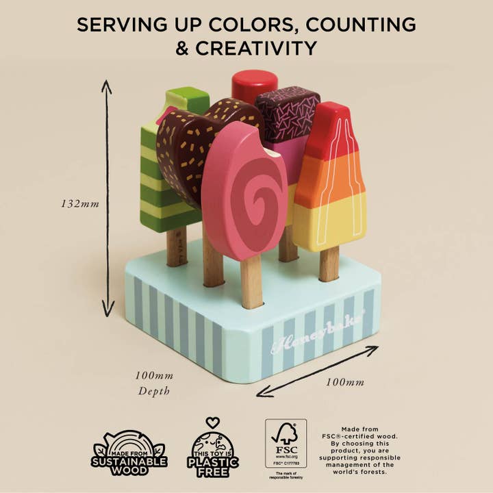 Wooden Ice Lollies & Popsicles set, Hand-painted and is made with sturdy wooden base