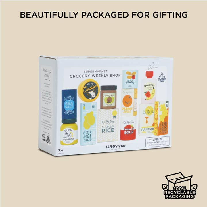 A Supermarket Grocery Weekly Shop  toy. A delightful 12-piece set is perfect for your little shoppers to fill up their fridges, freezers or pantries.
