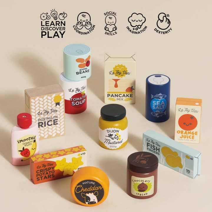 A Supermarket Grocery Weekly Shop  toy. A delightful 12-piece set is perfect for your little shoppers to fill up their fridges, freezers or pantries.