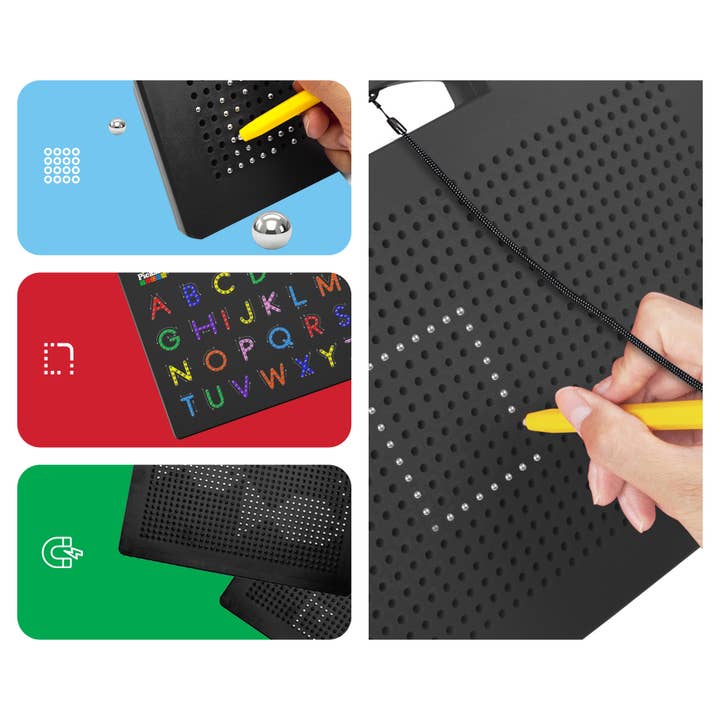 Collage of a perforated mat with a pen, colorful alphabet chart, and green square with a symbol.