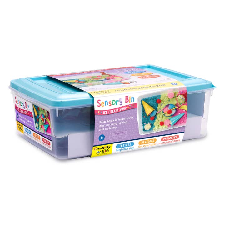 Sensory Bin Ice Cream Shop Activity Bin for Kids with sensory sand, pom poms and rainbow beads