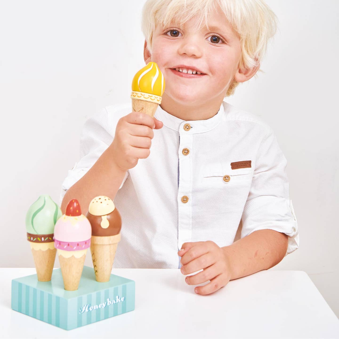 Wooden Ice Cream Cones Set painted with fresh colors and is plastic-free toy