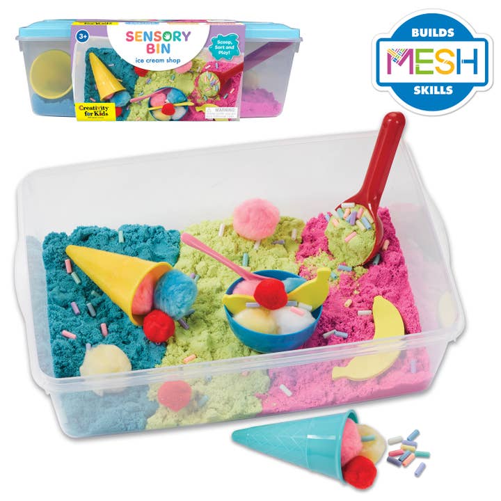 Sensory Bin Ice Cream Shop Activity Bin for Kids with sensory sand, pom poms and rainbow beads