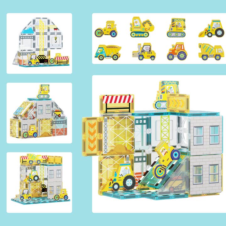 PicassoTiles Magnet Tile Building Block Set with 8 Construction Vehicles Crank Truck, Excavator, Bulldozer, Road Roller, Concrete Mixer, Tractor, Dump Truck, &amp; Forklift Magnetic Toy
