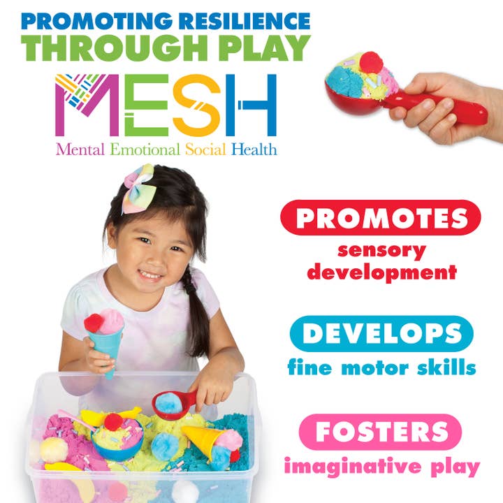 Sensory Bin Ice Cream Shop Activity Bin for Kids with sensory sand, pom poms and rainbow beads