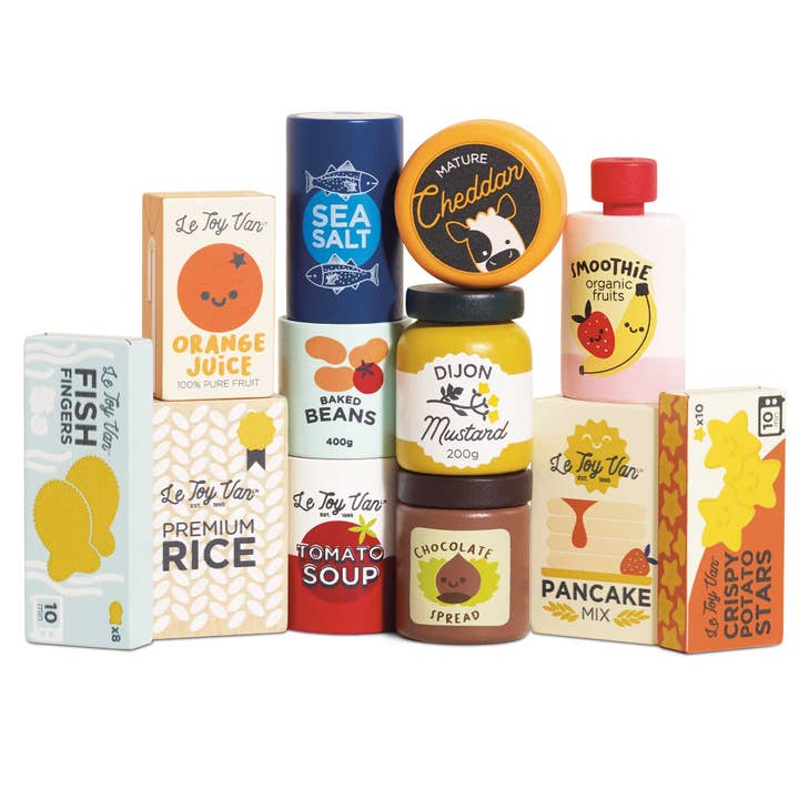 A Supermarket Grocery Weekly Shop  toy. A delightful 12-piece set is perfect for your little shoppers to fill up their fridges, freezers or pantries.