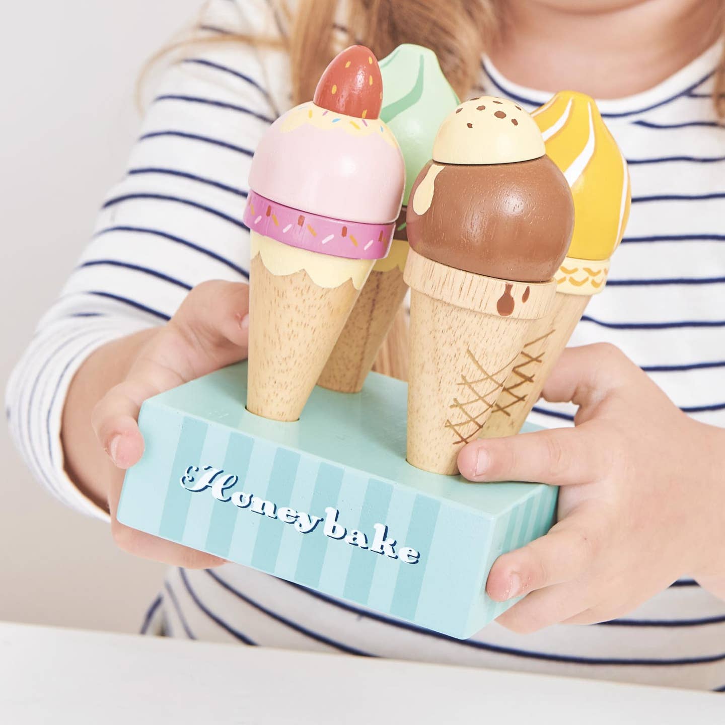 Wooden Ice Cream Cones Set painted with fresh colors and is plastic-free toy