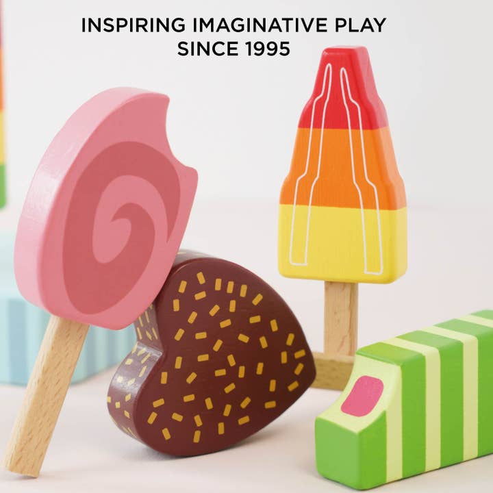 Wooden Ice Lollies & Popsicles set, Hand-painted and is made with sturdy wooden base