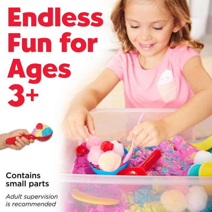 Sensory Bin Ice Cream Shop Activity Bin for Kids with sensory sand, pom poms and rainbow beads